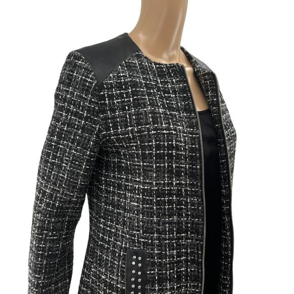 Zara Black Tweed Embellished Faux Leather Contrast Full Zip Coat - Picture 7 of 12